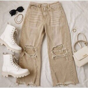 Vervet Midrise Ankle Straight Jeans Raw Edge Ripped Distressed 25 x 24 Lt Brown